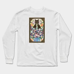 Vintage Trippy Black Cat Throwing Up Flowers Long Sleeve T-Shirt